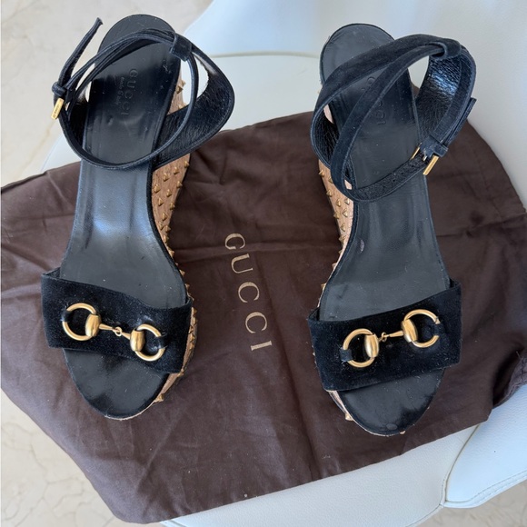 Gucci Black and Gold Wedge Sandals